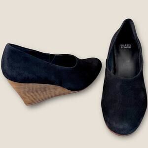 Eileen Fisher Suede Vero Cuoio Wedge High Heel Pump Shoes Women Size 9 Black
